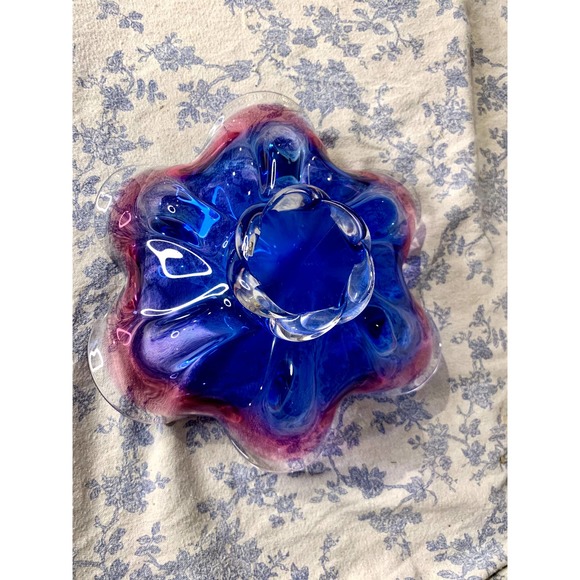 Pink Blue Hand Made 10" Glass Pedestal Bowl Bohemia Czech Republic Glass MCM - Picture 10 of 12